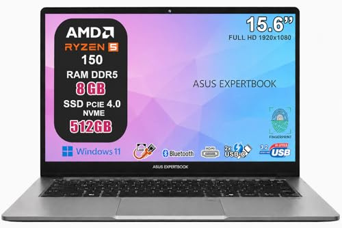 ASUS ExpertBook P1 Notebook 15,6” Full HD Antiriflesso AMD Ryzen 5 150 6 Core fino a 4,55GHz RAM 8GB DDR5 512GB SSD PCIe 4.0 WiFi 6 Bluetooth 5.4 Lettore Impronte Windows 11 Home 2 Anni Garanzia