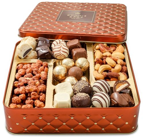 Gourmet Chocolate & Nut Gift Basket – Assorted Individually Wrapped Chocolates, Truffles, Cashews, Peanuts & Salty Nut Mix – Keepsake Gift Tin for Easter, Birthdays, Corporate, Family & Holiday Gifting- Bonnie and Pop