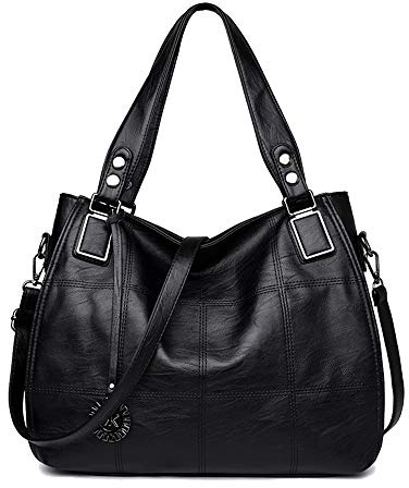 Kris Anna Damen Hobo Schultertasche Shopper Tasche aus PU-Leder mit Schulterriemen Umhängetasche Stickerei Handtasche für Frauen Schwarz EINWEG