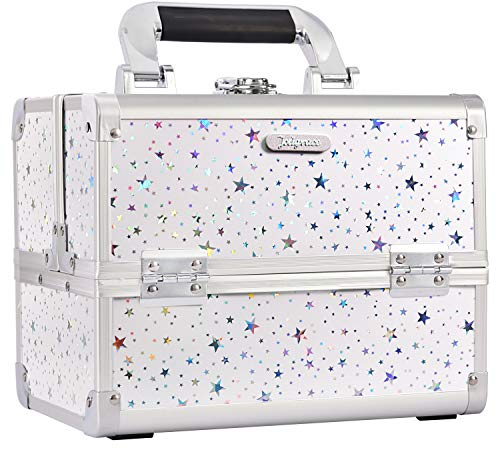 Joligrace Make-up-Koffer, Kosmetikkoffer, Kosmetik-Organizer-Box, Beauty-Aufbewahrung, Zugkoffer mit Spiegel, Weißer holografischer Stern