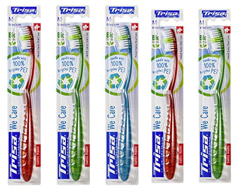 TRISA We Care - The First Sustainable Toothbrush Made from Recycled PET Bottles - 100% Recyclable PET Handle - Ecological Castor Oil Bristles - Made in Switzerland - Pack of 5
