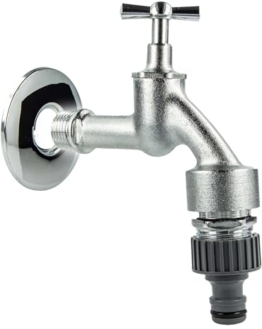 tecuro Auslaufventil 1/2 Zoll, Knebeloberteil, Rohrbelüfter DVGW, Steckkupplung, Wandrosette, Dichtband - MS mattverchromt - 22722-PWD