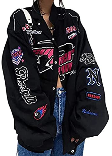 Vagbalena Giacca da Baseball Donna Giacca Stile College Oversize Stampa Patchwork con Tasche Giacca Anni '90 Retro Racing Paillettes Cerniera Manica Lunga Giacca Sportiva (Nero,XL)