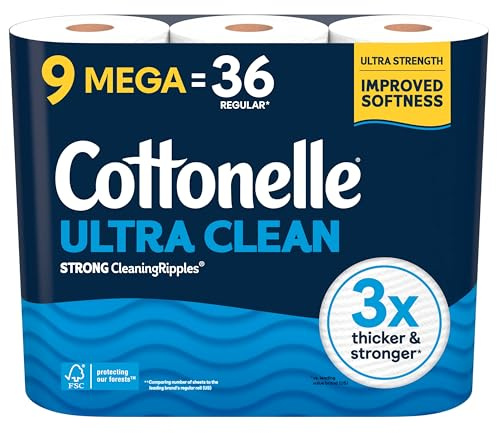 Cottonelle Toilet Paper, 9 Mega Rolls = 36 Regular Rolls, Ultra Clean, Strong Bathroom Tissue, 284 Sheets per Roll, Packaging May Vary