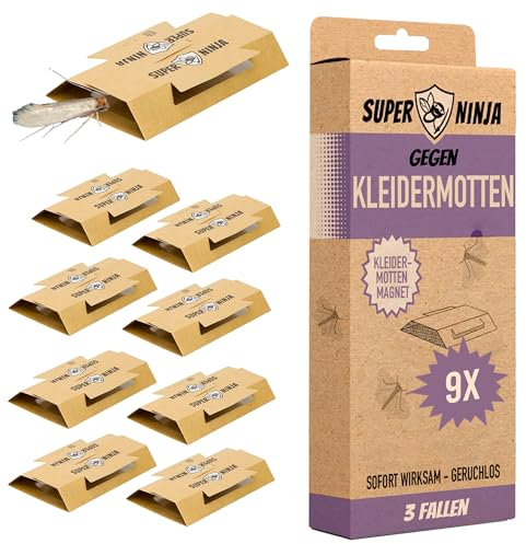 Super Ninja Mottenfalle Kleidermotten - 9er Pack Nicht-toxischer Mottenschutz für Kleiderschrank, Mit Pheromon-Lockstoff, Ideal zum Schutz von Kleidung, Teppichen & Schubladen, Hält bis zu 3 Monate