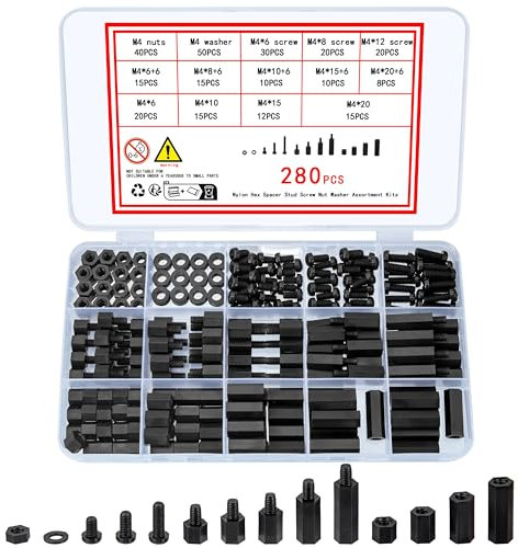 Ewwtrey 280 Piezas M4 Macho Hembra Espaciadores Hexagonales Nailon Negro, Separador de Hexagonal de Pilar Roscado, Juego de Tornillos y Tuercas y Arandelas de Cabeza en Cruz para Placa PCB Placa Base