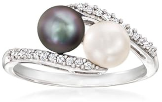 Black and White Pearl Ring for Women 18 White Gold Plated .13 ct. t.w. Simulated Diamond Bypass Ring, AAA Quality Handpicked Two Natural 6mm Pearl, Size 5-9
