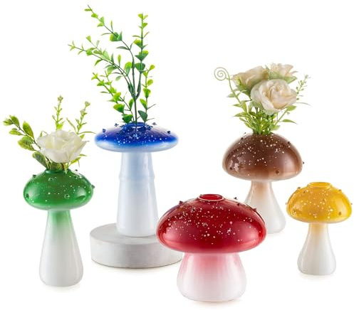 Glasseam Pilz Vase Glas für Deko: Kleine Vasen Set für Home Wohnzimmer Esstisch Fensterbank - Cute Bunt Blumenvase Klein Geschenk für Mama Freunde Pflanze Liebhaber - Mini Glasvasen für Tischdeko