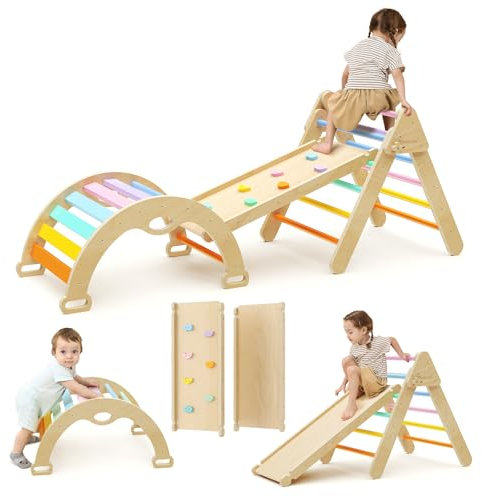 Mosebears Triangle d'escalade Montessori Enfants avec Rampe Double Face, Arc d'escalade Montessori en Bois Hêtre avec Toboggan & Échelle, Charge Max 60KG,pour Tout-Petits Bébé 1 Ans+