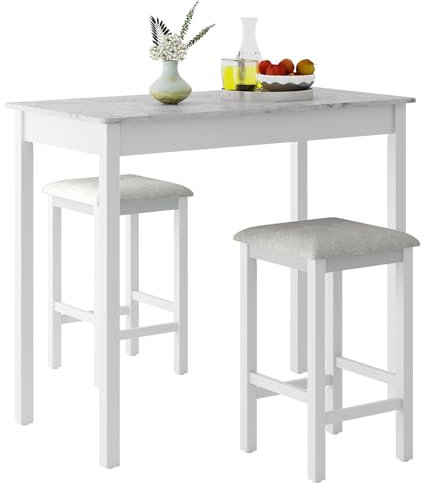 GiantexUK 3PCS Dining Table Set, Space-saving Bar Set with Faux Marble Top, Padded Stools & Solid Wood Legs, Breakfast Counter Height Pub Table and Chairs for Dining Living Room
