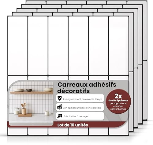 AMARA DECO - 10 Unidades Azulejos Adhesivos Cocina y Baño 30x30cm. Baldosas Adhesivas Pared con Efecto Azulejo 3D, Impermeables, Resistentes al Calor y Fáciles de Limpiar (Rect Blanco/Negro)
