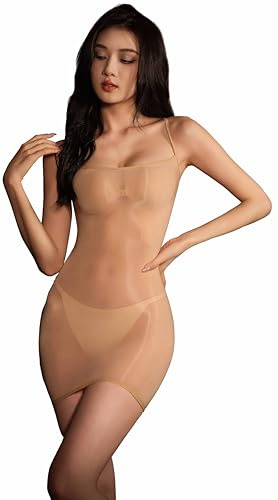 Bommi Fairy Women's Oil Shiny See-through Hip Dress Tight Plus Size XS-XL Nightdress Mesh BabyDolls Chemises Mini Dress (Nude)