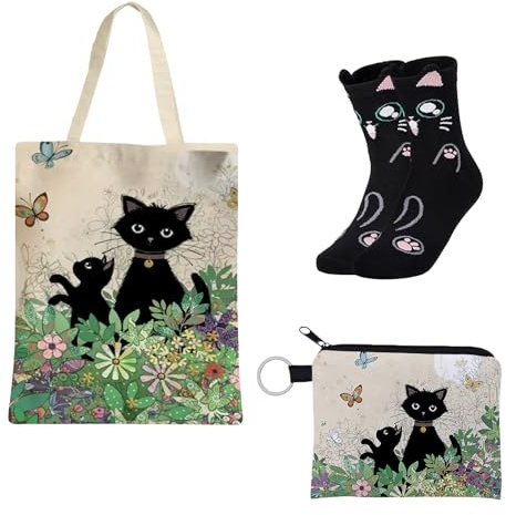 MUNSKT Borsa tote in tela, motivo gatto, calzino, astuccio da trucco per donne e ragazze, borsa tote riutilizzabile in tela estetica per mamma insegnanti amici sorelle