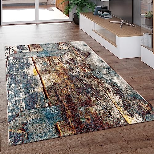 Paco Home Designer Teppich Bunte Holz Optik Hoch Tief Optik In Türkis Gelb Blau Meliert, Grösse:120x170 cm