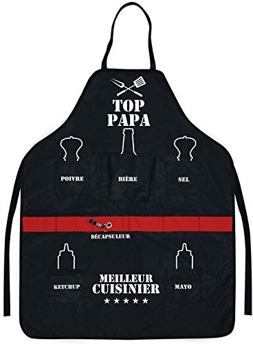 p2g - Tablier spécial BBQ - Barbecue - Top Papa - Meilleur Cuisinier - NJ202 - Noir - 5 Poches + décapsuleur Inclus