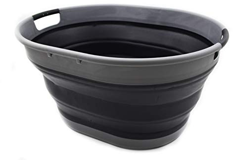 SAMMART 25L(6.6 Gallon) Collapsible Oval Laundry Basket-Foldable Storage Container/Organizer-Portable Washing Tub-Space Saving Hamper-Pet Bath Tub,Water Capacity 20L(5.28 Gallon) (Grey/Black)