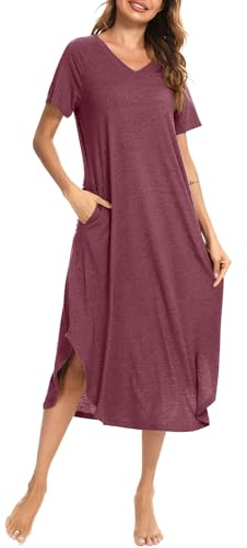 Nieery Night Shirts Womens, Cotton Nightdress Short Sleeve V neck Long Nightgowns Sleep T Shirt Summer Dress (Wine Red, X-Large)