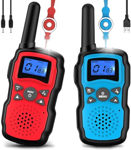 Wishouse Walkie Talkies for Kids Rechargeable with USB Charger 6000mAh Battery,Outdoor Camping Games with Flashlight Lanyard,Toys for Girls,Halloween Xmas Birthday Gift for Children 2 Pack Red Blue