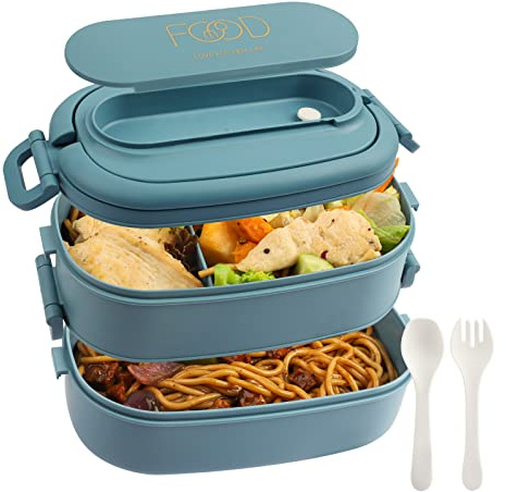 OITUGG Brotdose 2 Etagen, 1550ml Lunchbox für Erwachsene, 3 Fächern Bento Lunch Box mit Löffeln und Gabeln, BPA Frei, Mikrowellengeeignet, 1550ml Kapazität, Größe 19 x 12 x 12cm, Hellblau