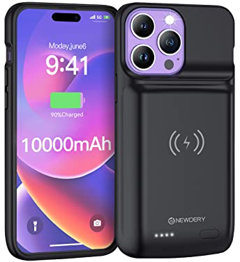 NEWDERY Akkuhülle für iPhone 14 Pro Max/14 Plus 10000mAh Batteriefach Qi Wireless Charging Case, Sync-Data unterstützt, erweitertes Ladegerät Akku-Pack für iPhone 14/13/12 Pro Max, iPhone 14 Plus 6.7