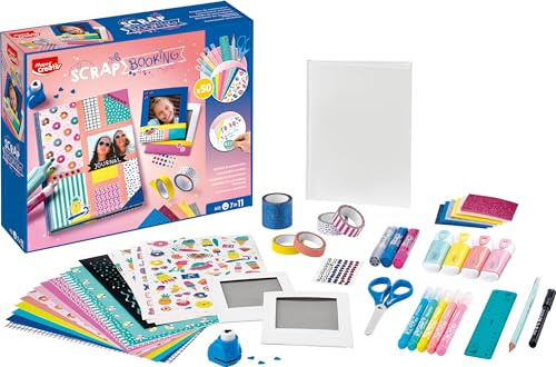 Maped Creativ Kit de Scrapbooking Infantil, Set Completo con Más de 50 Accesorios para Decorar Cuaderno y Marcos de Fotos, Incluye Pegatinas Rotuladores Tijeras, A partir de 7 Años