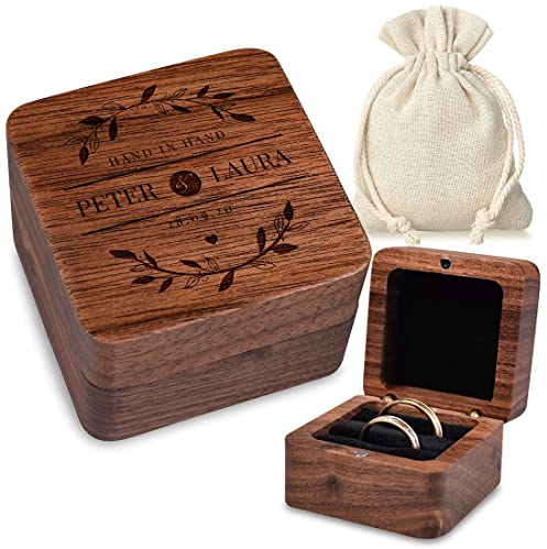 polar-effekt Ringkiste Ringbox aus Walnussholz mit Gravur - Motiv Hand in Hand - mit Stoffbeutel - schwarzes Ringkissen - Verlobungsring, Schmuck Aufbewahrungsbox Hochzeit für Heiratsantrag