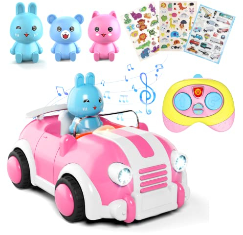 Anby families Remote Control Cars for Toddlers,Cartoon RC Car Toy with Music and Lights,3 Dolls,3D Stickers,Toys for 2 Year Old Boys Girls…