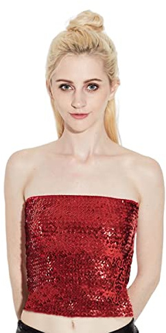 SAMHENG Womens Sparkly Tube Top, Glitter Sleeveless Party Club Tank Top, Non-Padded Stretchy Bandeau Bra Strapless Sequin Mermaid Crop Tops Bandeau for Party Clubwear, Red