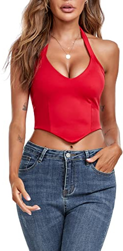 EVELIFE Womens Deep V Halter Neck Sleeveless Corset Tops (Red,XS)