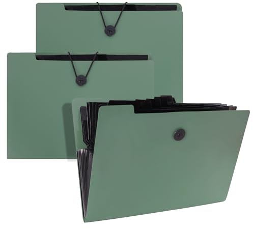 YAWOIRG Dokumentenmappe A4,3 Pcs Fächermappe Mit Druckknop,Fächermappe Ordner,Akkordeon Aktenordner mit Etiketten, Ordnungsmappe mit 13 Fächern (Grün)