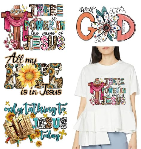 JATOMSSM Jesus-Themed Iron-On Transfers: 4 Packs Patches - Jesus, God, Cross, Sunflower & More - Large Size Vinyl - Easy Heat Transfer for Clothes & Bags