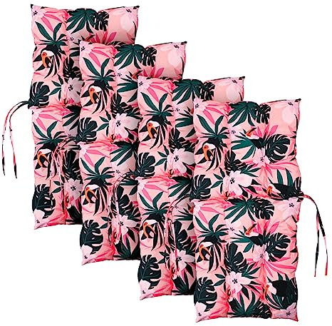 MG Design 4er-Set Stuhlkissen 100x50 cm mit exotischem Druck - Stuhlkissen mit Bändern, Steppkissen - Sitzkissen für Gartenstuhl, Outdoor Stuhlauflage als Stuhl Kissen, für Indoor und Outdoor