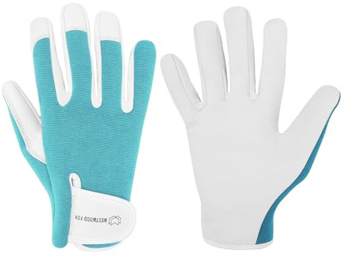 WESTWOOD FOX WFX Guantes de jardinería de cuero para mujer y hombre, a prueba de espinas, guantes de trabajo para jardín, morado (Cyan, S)