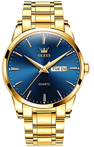 OLEVS Hombre Relojes Analógico Cuarzo Luminoso Resistente Agua con Doble Fecha Hombre Reloj Dorado Acero Inoxidable Reloj para Hombres Clásico Elegante Negocios Sencillez Esfera Azul
