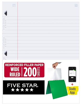 Five Star Loose Leaf Paper + Study App, Wide Ruled Filler Notebook Paper, Reinforced, Fights Ink Bleed, 8 x 10-1/2, 200 Sheets (150039)
