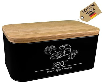MNKsolution Brotkasten mit Deckel als Schneidebrett - Brotbox mit Lüftungslöchern für Brotaufbewahrung - Ideal für Brot, Brötchen und Backwaren - Aufbewahrung für frische Lebensmittel Schwarz