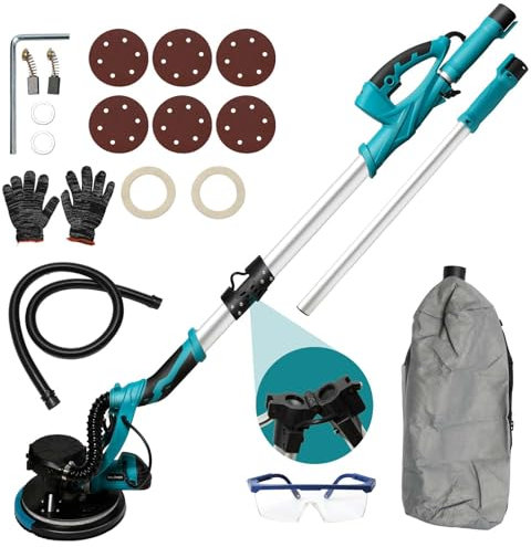 Lijadora de paneles en seco de 750 W con LED y mango telescópico, velocidad máxima de 1800 rpm, lijadora de pared, incluye bolsa de extracción, luz LED, lijadora de techo, lijadora telescópica