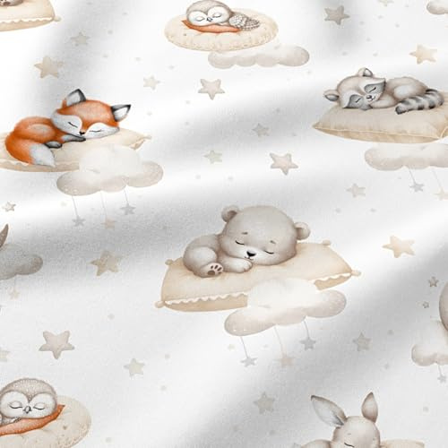 TexTrend Tissu en coton au mètre - 1 mètre - 160 x 100 cm - Tissus à coudre - Enfants - Animaux endormis Blanc