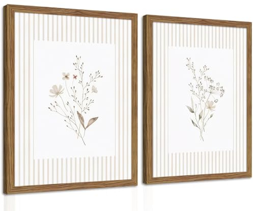 Neutral Wildflower Wall Art Set of 2, Vintage Flower Botanical Wall Decor Painting, Rustic Cottagecore Striped Floral Prints Pictures for Living Room Bedroom 16x24 Inch Framed