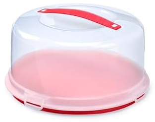 CookSpace Round Red Cake Box With Handle and Locking Clips, Flip Base for Serving Holds Cakes Up to 30cm Airtight Storage Food Container