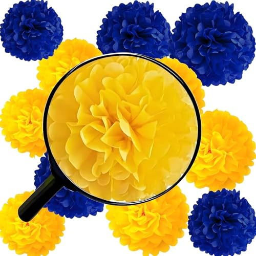 KUNYYI Pompons en Papier de Soie Jaune et Bleu 12 Pièces Suspendues pour Mariage et Anniversaire fête Déco