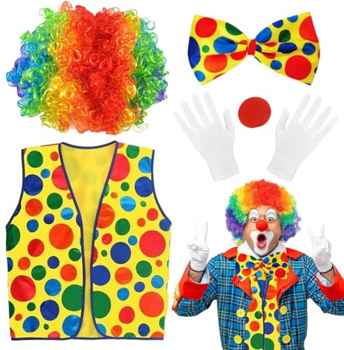 LGZIN 5 Pezzi Accessori Costume Clown, Costume da Clown per Bambini Adulti, Parrucca Riccia da Clowns, Naso, Guanti, Gilet e Papillon Colorata, Costume da Pagliaccio Set per Carnevale Halloween