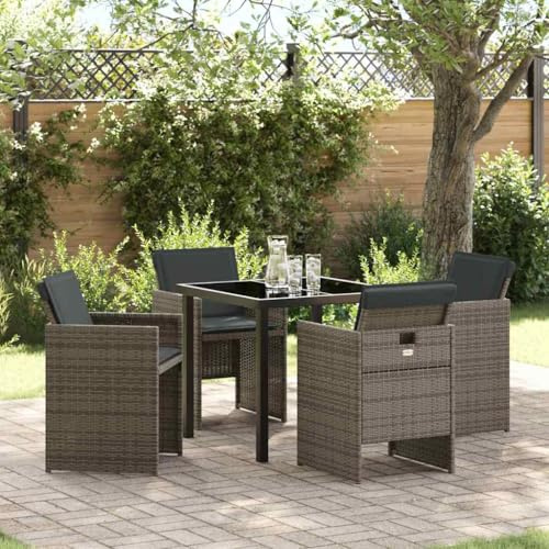 Frdhee Juego de muebles de jardín para terraza, grupo de comedor de jardín con cojín, 5 piezas de ratán gris, para terraza, balcón, salón al aire libre, fácil de mantener