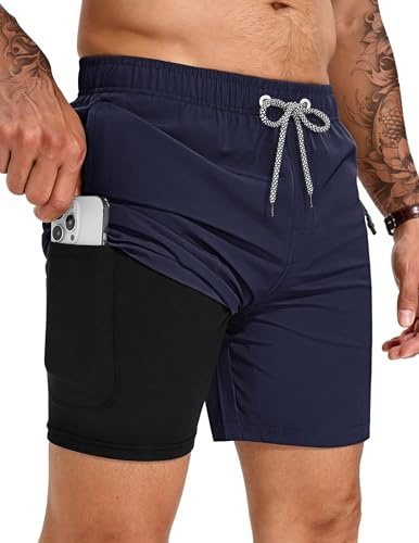 TARAINYA Badbyxor herr 2 i 1 med kompression foder snabbtorkande badshorts med dragsko fickor för strand simning semester M-4XL