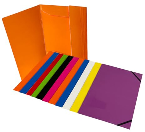 Pack of 12 Janrax A4 Assorted Colour Laminated Card 3 Flap Folders with Elastic Closure