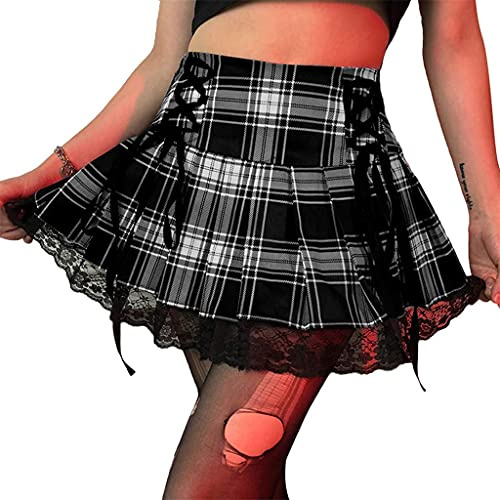 ORANDESIGNE Mini Falda Mujeres Y2k Harajuku Goth Punk Falda Belt Bag A-Line Gothic Plisado Mini Faldas de Cintura Alta Cintura Baja Skater Falda Malla Encaje Falda a Cuadros C Negro M