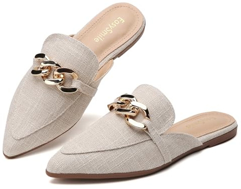 EasySmile Metal Chain Decor Flat Mules for Women Closed Pointed Toe Slip on Loafers Slides Backless Mules Shoes