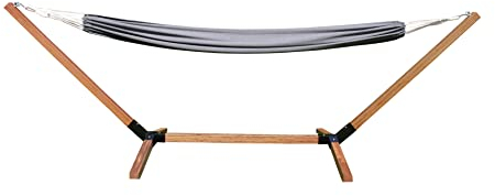 vanvilla Hängematte mit Gestell aus Lärche Lagarde FOLD 300cm x 100cm, Hängematte grau, verzinkte Stahlteile, Holz Teakfarben, Hängemattengestell Holz