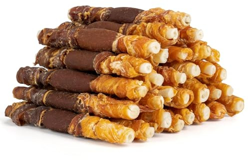 MON2SUN Dog Treats, Triple Flavor 5 Inch Chicken Liver Duck and Chicken Wrapped Rawhide Snacks for Small and Medium Dogs, 21.16 Oz (30 Count-Pack of 1)