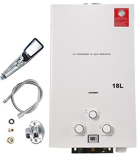 CDZHLTG Chauffe-Eau à Gaz Instantané Propane Avec Douche, 18L 36KW Chauffe Eau Gaz Instantané GPL Sans Réservoir Pour Extérieur, Camping-car,Blanc